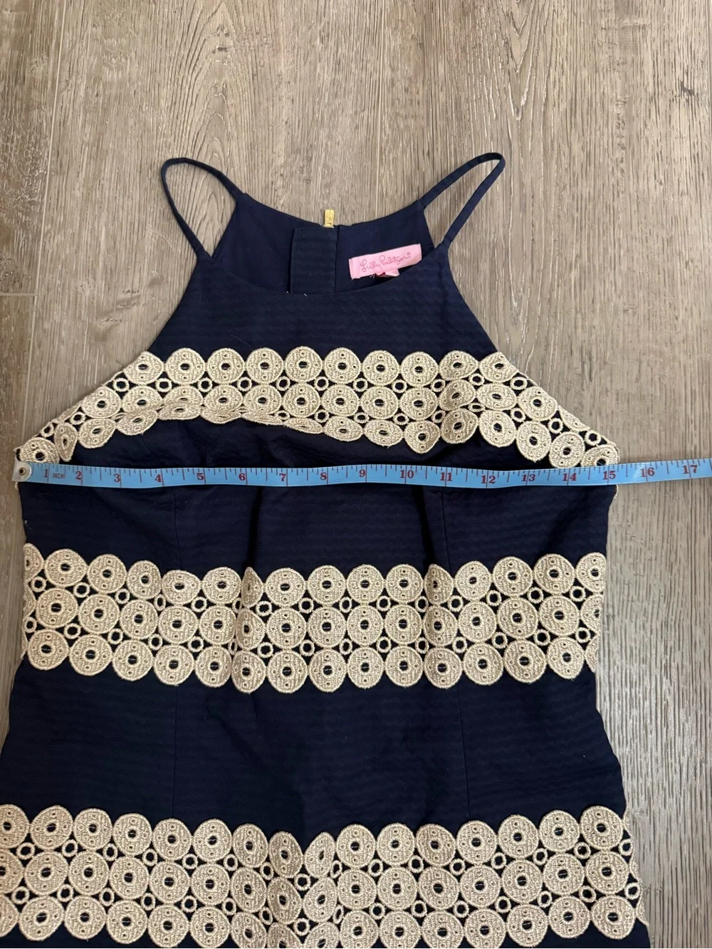 Lilly Pulitzer Navy and Cream Striped Crochet-Trim Halter Mini Dress